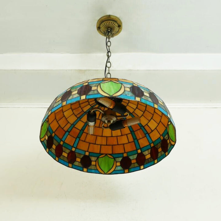 Lustre suspendu à 3 lumières en verre teinté en métal à motif de fleur ronde traditionnelle Tiffany pour chambre 