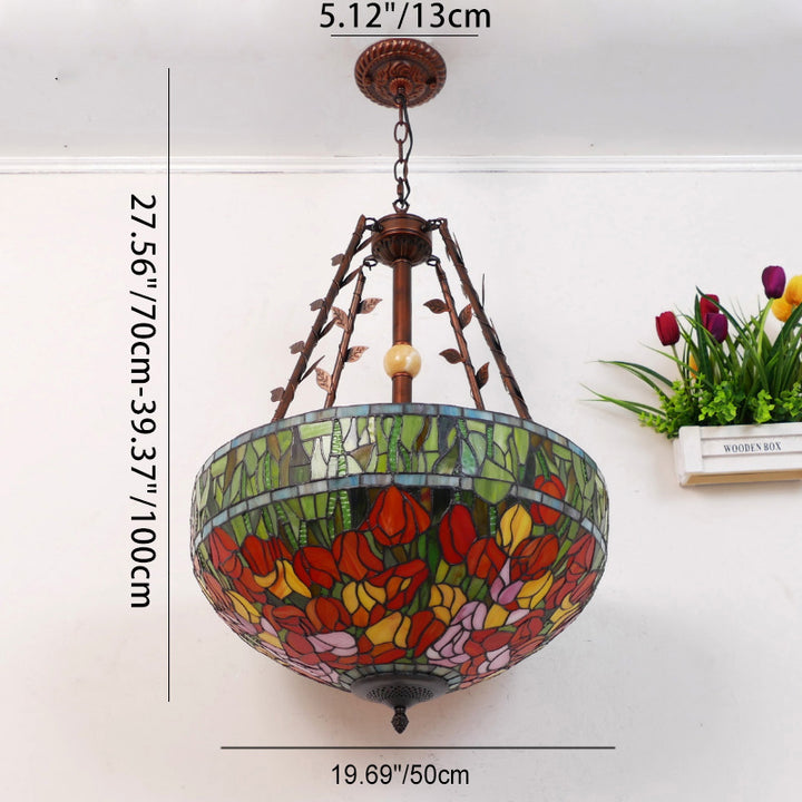 Suspension lumineuse à 5 lumières en métal et verre teinté de forme ronde avec motif de fleur Tiffany traditionnel pour chambre à coucher 