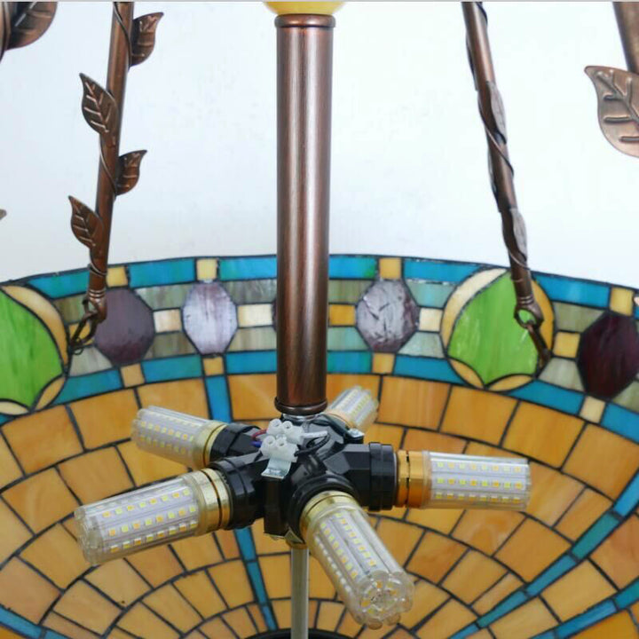 Suspension lumineuse à 5 lumières en métal et verre teinté de forme ronde avec motif de fleur Tiffany traditionnel pour chambre à coucher 