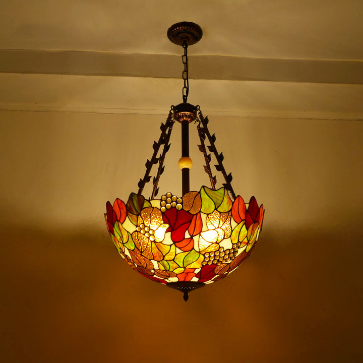 Suspension lumineuse à 5 lumières en métal et verre teinté de forme ronde avec motif de fleur Tiffany traditionnel pour chambre à coucher 