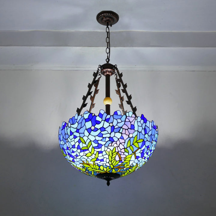 Suspension lumineuse à 5 lumières en métal et verre teinté de forme ronde avec motif de fleur Tiffany traditionnel pour chambre à coucher 