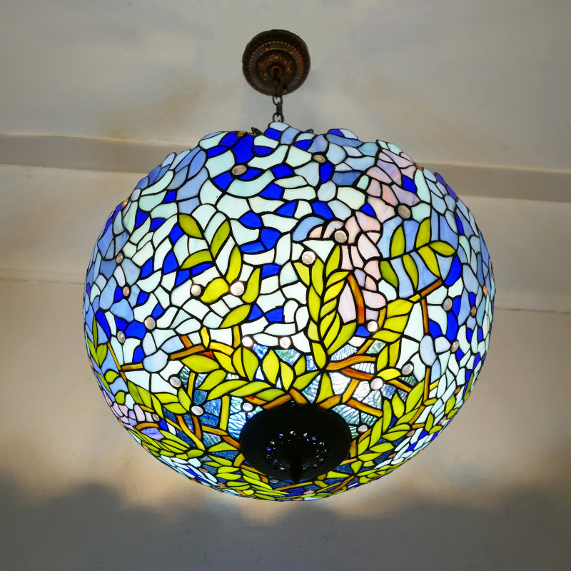 Suspension lumineuse à 5 lumières en métal et verre teinté de forme ronde avec motif de fleur Tiffany traditionnel pour chambre à coucher 