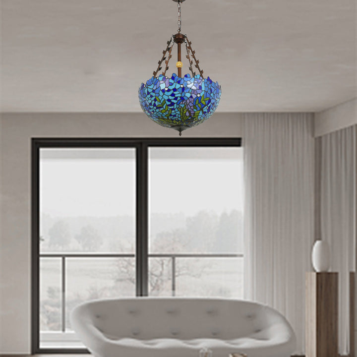 Suspension lumineuse à 5 lumières en métal et verre teinté de forme ronde avec motif de fleur Tiffany traditionnel pour chambre à coucher 