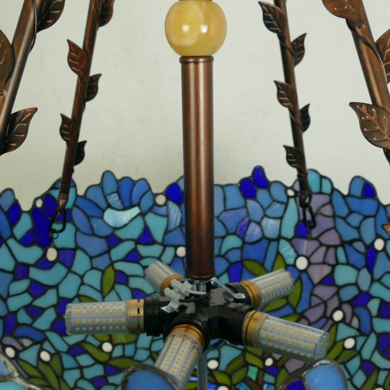 Suspension lumineuse à 5 lumières en métal et verre teinté de forme ronde avec motif de fleur Tiffany traditionnel pour chambre à coucher 