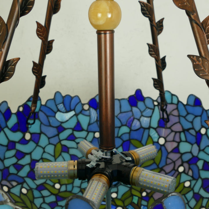 Suspension lumineuse à 5 lumières en métal et verre teinté de forme ronde avec motif de fleur Tiffany traditionnel pour chambre à coucher 