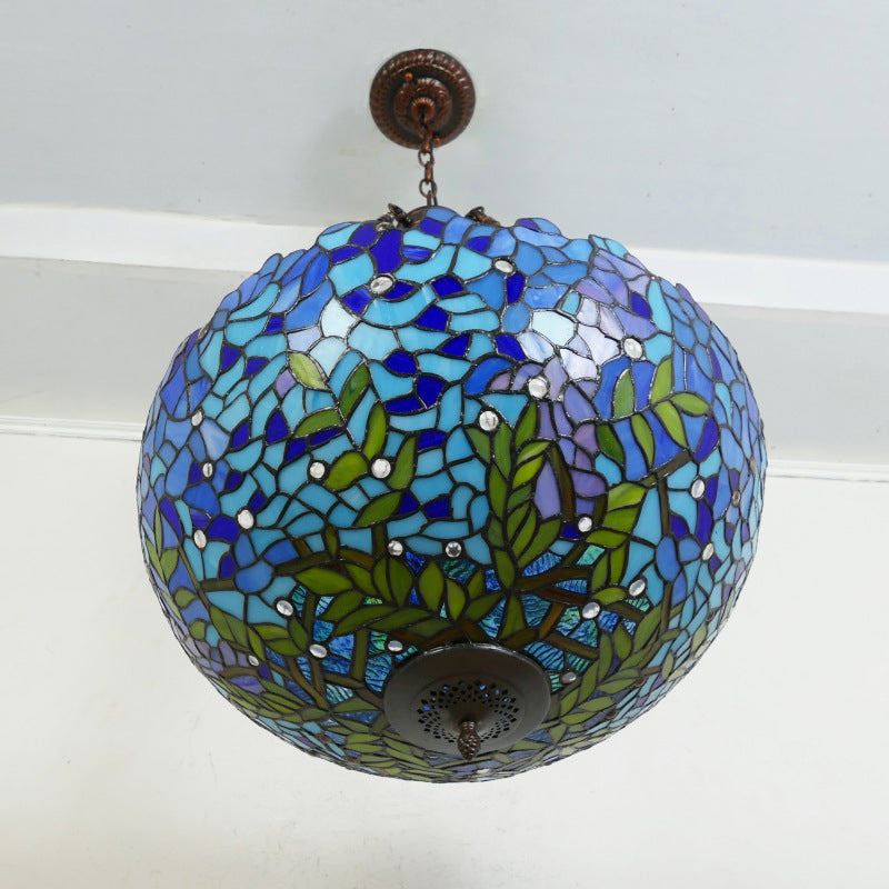 Suspension lumineuse à 5 lumières en métal et verre teinté de forme ronde avec motif de fleur Tiffany traditionnel pour chambre à coucher 