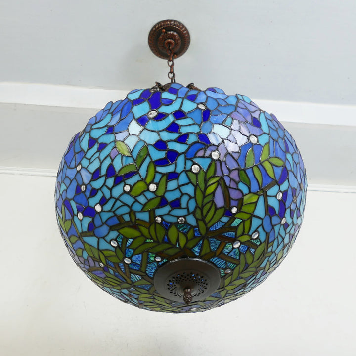 Suspension lumineuse à 5 lumières en métal et verre teinté de forme ronde avec motif de fleur Tiffany traditionnel pour chambre à coucher 