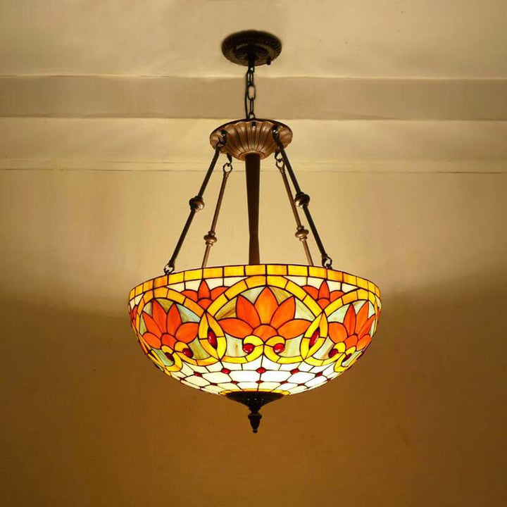 Suspension lumineuse à 5 lumières en métal et verre teinté de forme ronde avec motif de fleur Tiffany traditionnel pour chambre à coucher 