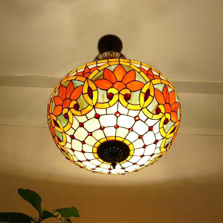 Suspension lumineuse à 5 lumières en métal et verre teinté de forme ronde avec motif de fleur Tiffany traditionnel pour chambre à coucher 
