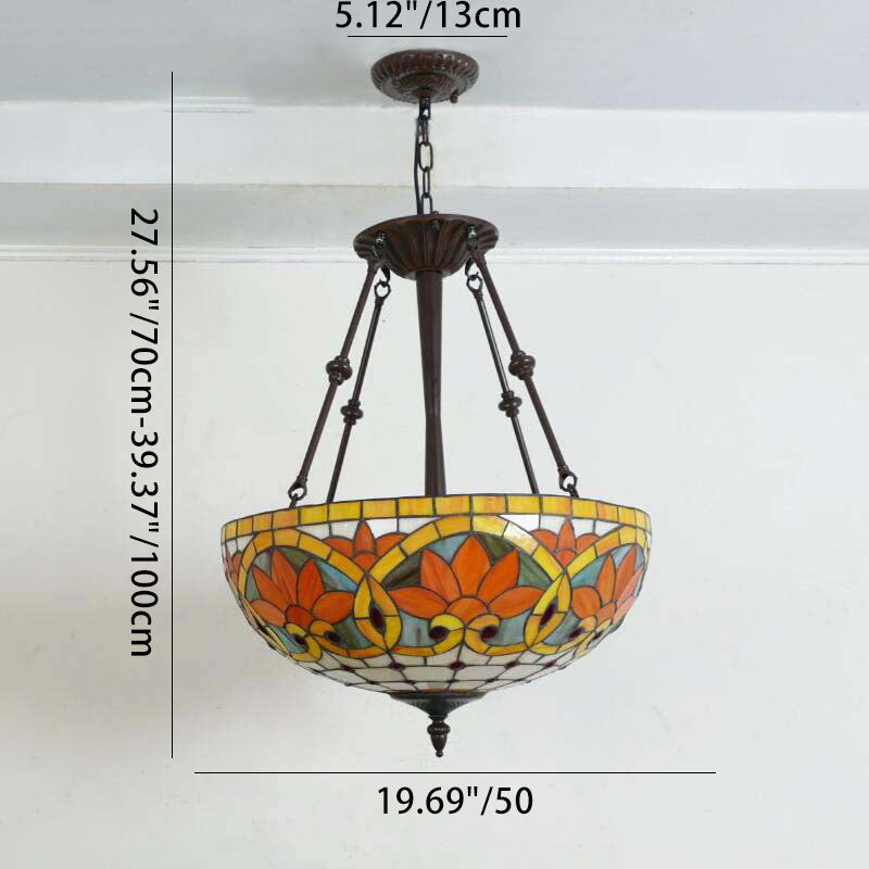 Suspension lumineuse à 5 lumières en métal et verre teinté de forme ronde avec motif de fleur Tiffany traditionnel pour chambre à coucher 