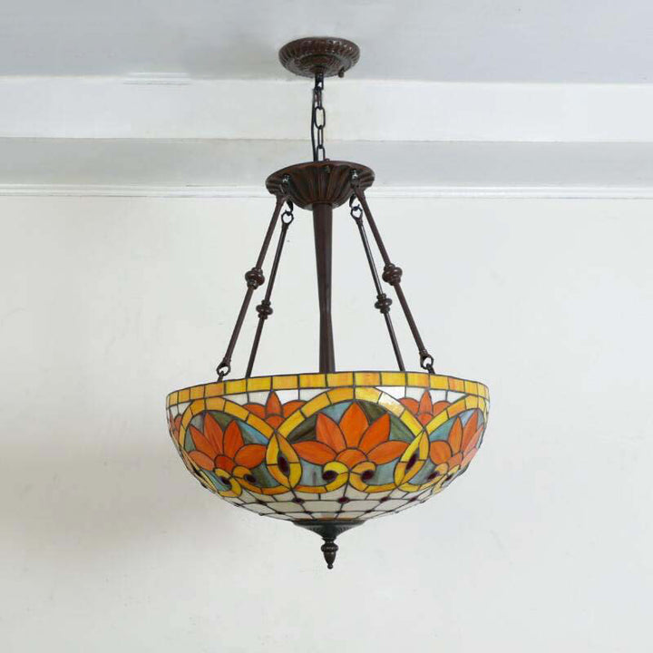 Suspension lumineuse à 5 lumières en métal et verre teinté de forme ronde avec motif de fleur Tiffany traditionnel pour chambre à coucher 