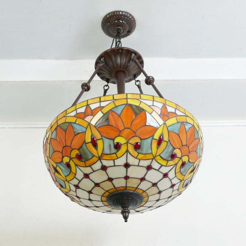 Suspension lumineuse à 5 lumières en métal et verre teinté de forme ronde avec motif de fleur Tiffany traditionnel pour chambre à coucher 