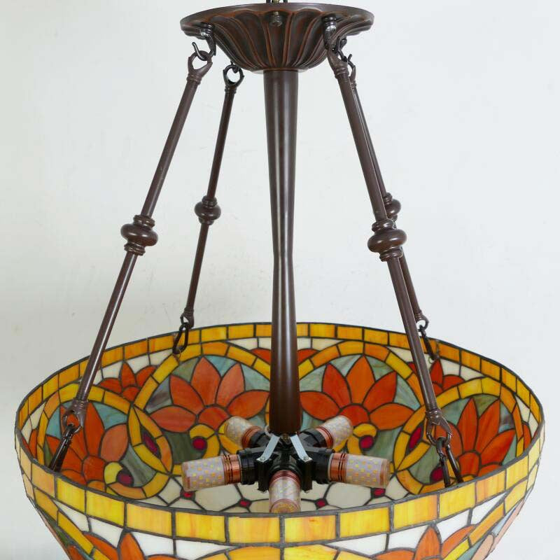 Suspension lumineuse à 5 lumières en métal et verre teinté de forme ronde avec motif de fleur Tiffany traditionnel pour chambre à coucher 