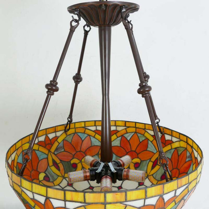 Suspension lumineuse à 5 lumières en métal et verre teinté de forme ronde avec motif de fleur Tiffany traditionnel pour chambre à coucher 