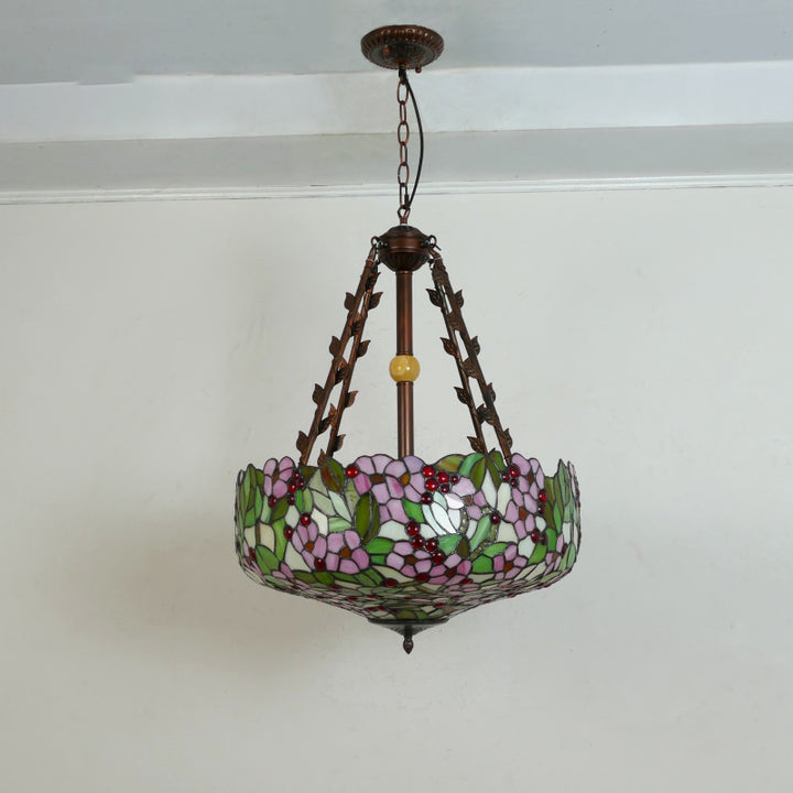 Suspension lumineuse à 5 lumières en métal et verre teinté de forme ronde avec motif de fleur Tiffany traditionnel pour chambre à coucher 