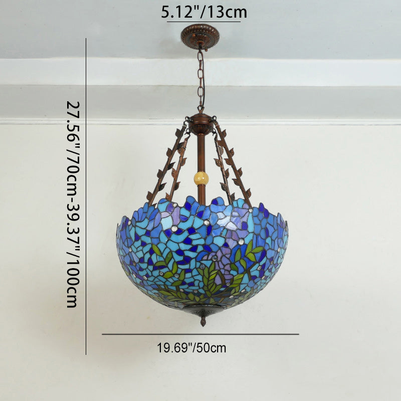 Suspension lumineuse à 5 lumières en métal et verre teinté de forme ronde avec motif de fleur Tiffany traditionnel pour chambre à coucher 