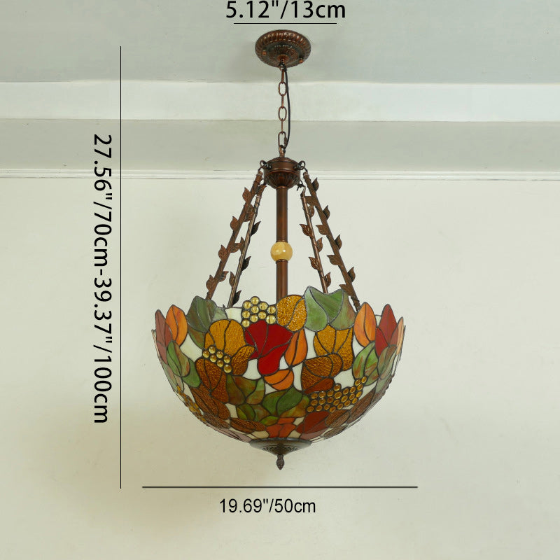 Suspension lumineuse à 5 lumières en métal et verre teinté de forme ronde avec motif de fleur Tiffany traditionnel pour chambre à coucher 