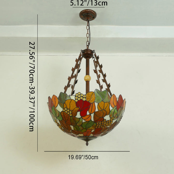 Suspension lumineuse à 5 lumières en métal et verre teinté de forme ronde avec motif de fleur Tiffany traditionnel pour chambre à coucher 