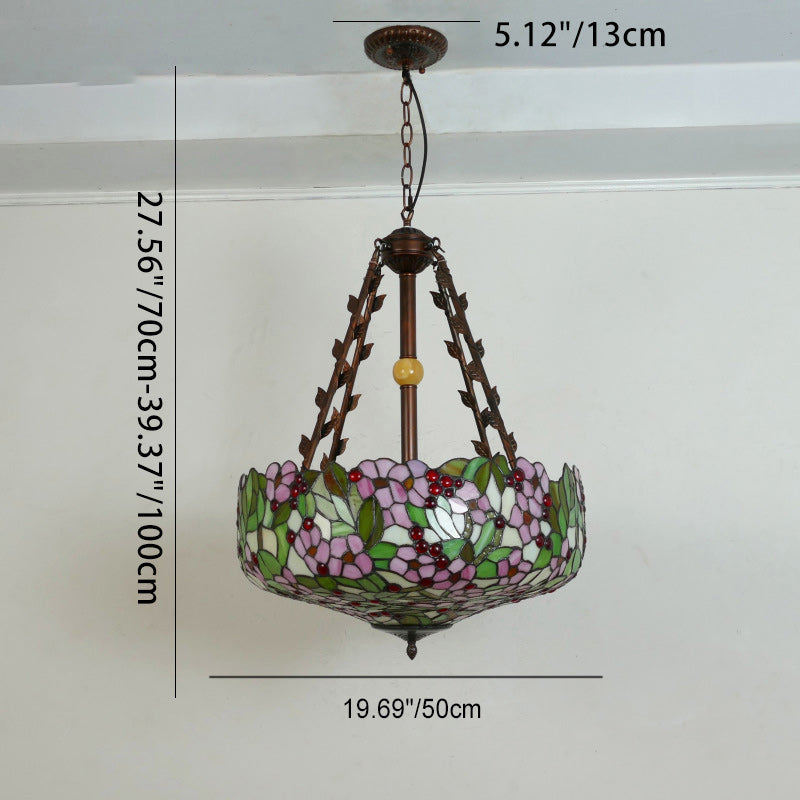 Suspension lumineuse à 5 lumières en métal et verre teinté de forme ronde avec motif de fleur Tiffany traditionnel pour chambre à coucher 