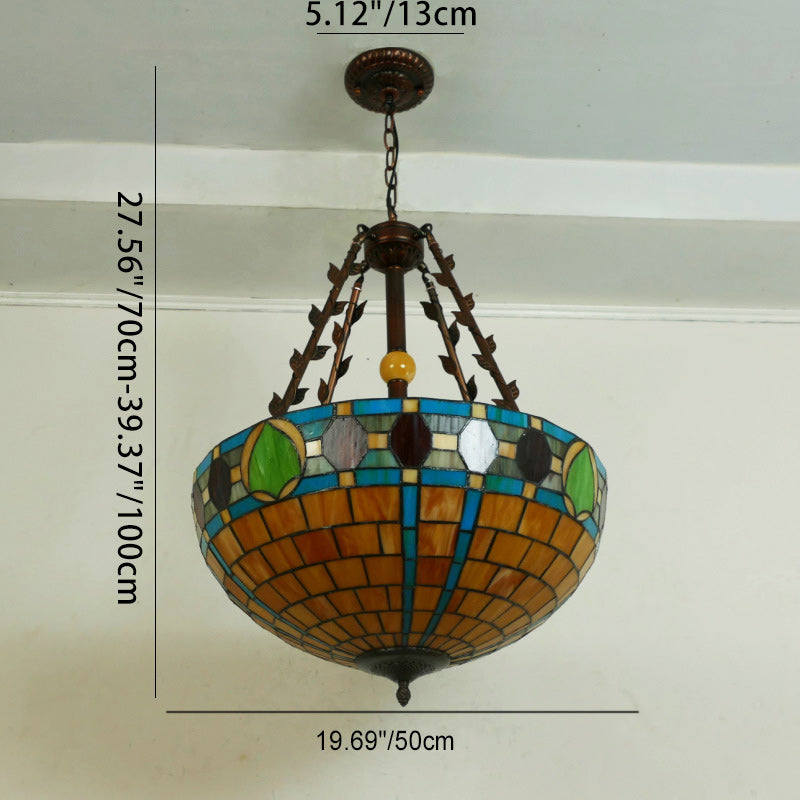 Suspension lumineuse à 5 lumières en métal et verre teinté de forme ronde avec motif de fleur Tiffany traditionnel pour chambre à coucher 