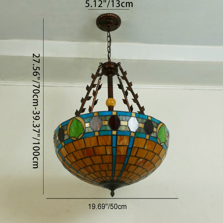 Suspension lumineuse à 5 lumières en métal et verre teinté de forme ronde avec motif de fleur Tiffany traditionnel pour chambre à coucher 