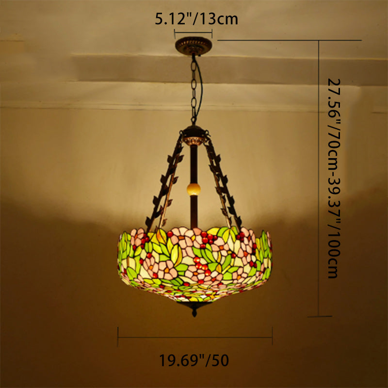 Suspension lumineuse à 5 lumières en métal et verre teinté de forme ronde avec motif de fleur Tiffany traditionnel pour chambre à coucher 