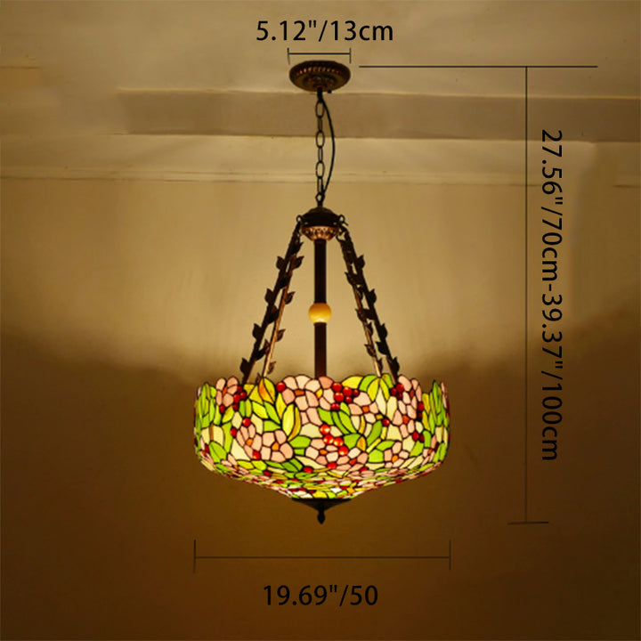 Suspension lumineuse à 5 lumières en métal et verre teinté de forme ronde avec motif de fleur Tiffany traditionnel pour chambre à coucher 