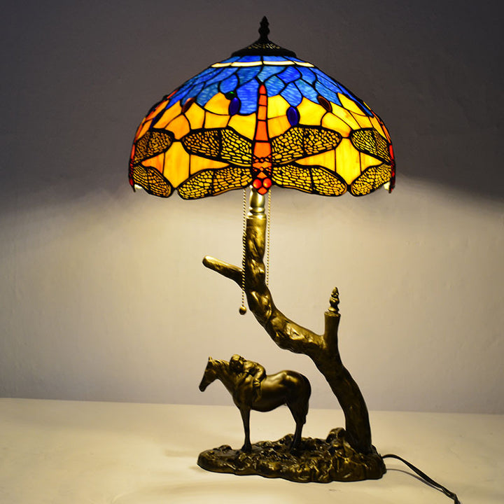 Lampe de table à deux lumières avec abat-jour en verre teinté en forme de cône rond traditionnel Tiffany en fer pour chambre 