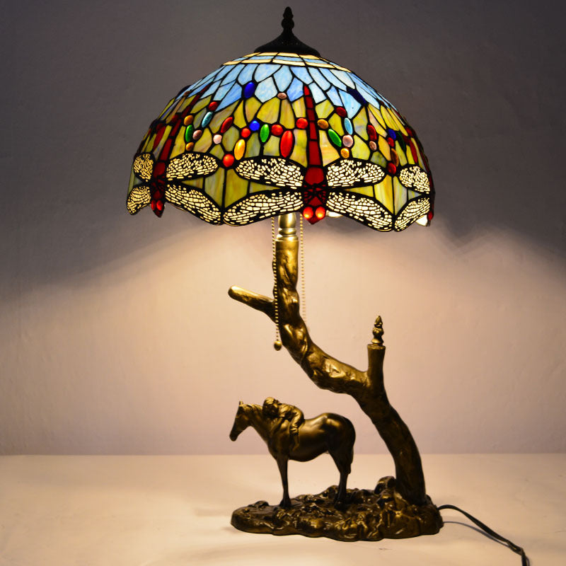 Lampe de table à deux lumières avec abat-jour en verre teinté en forme de cône rond traditionnel Tiffany en fer pour chambre 