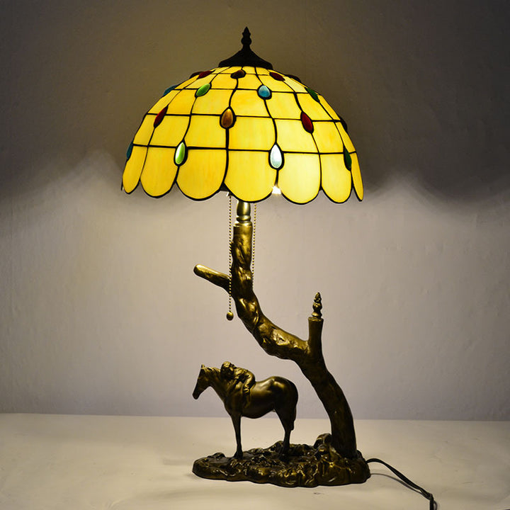 Lampe de table à deux lumières avec abat-jour en verre teinté en forme de cône rond traditionnel Tiffany en fer pour chambre 