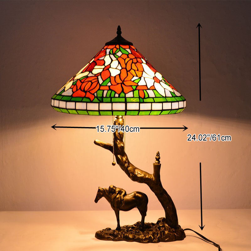 Lampe de table à deux lumières avec abat-jour en verre teinté en forme de cône rond traditionnel Tiffany en fer pour chambre 