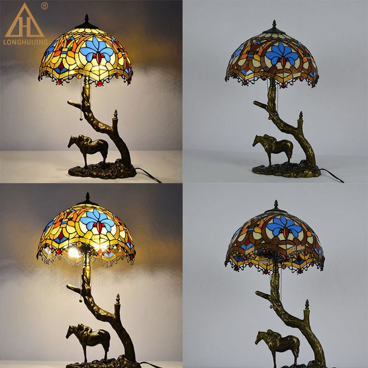 Lampe de table à deux lumières avec abat-jour en verre teinté en forme de cône rond traditionnel Tiffany en fer pour chambre 
