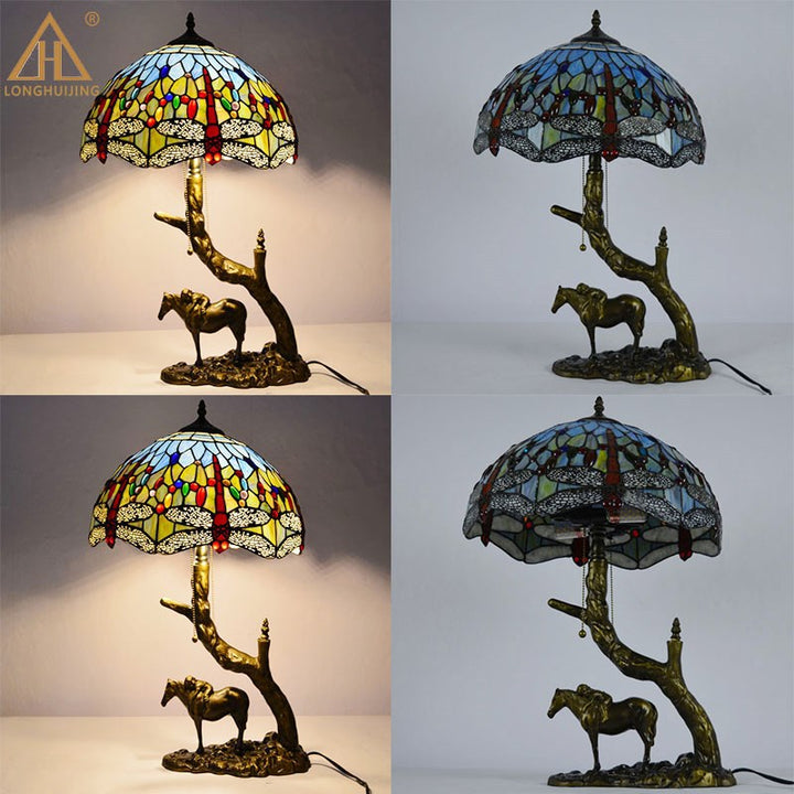 Lampe de table à deux lumières avec abat-jour en verre teinté en forme de cône rond traditionnel Tiffany en fer pour chambre 