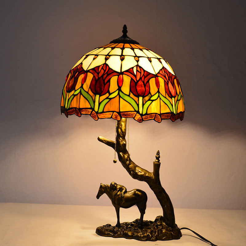 Lampe de table à deux lumières avec abat-jour en verre teinté en forme de cône rond traditionnel Tiffany en fer pour chambre 