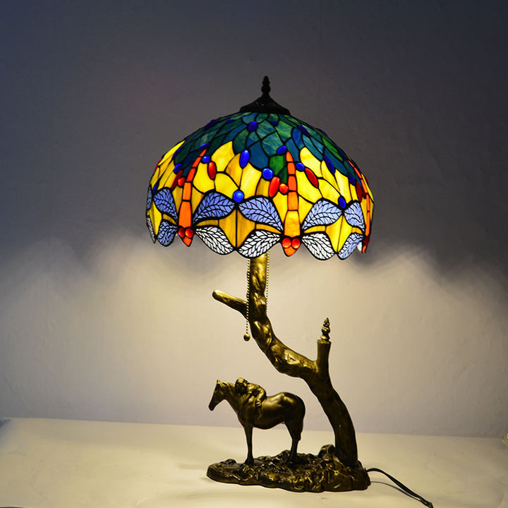 Lampe de table à deux lumières avec abat-jour en verre teinté en forme de cône rond traditionnel Tiffany en fer pour chambre 