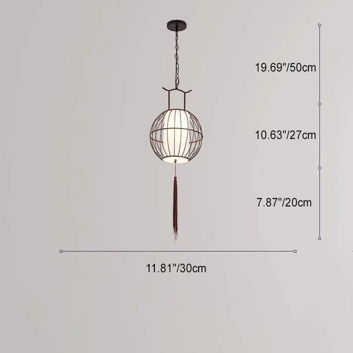 Suspension Luminaire Traditionnel Vintage en Forme de Cage à Oiseaux Ronde Ovale en Métal et Tissu à 1 Lumière pour Salle à Manger 