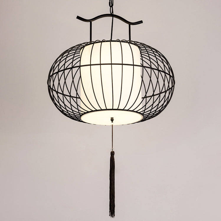 Suspension Luminaire Traditionnel Vintage en Forme de Cage à Oiseaux Ronde Ovale en Métal et Tissu à 1 Lumière pour Salle à Manger 
