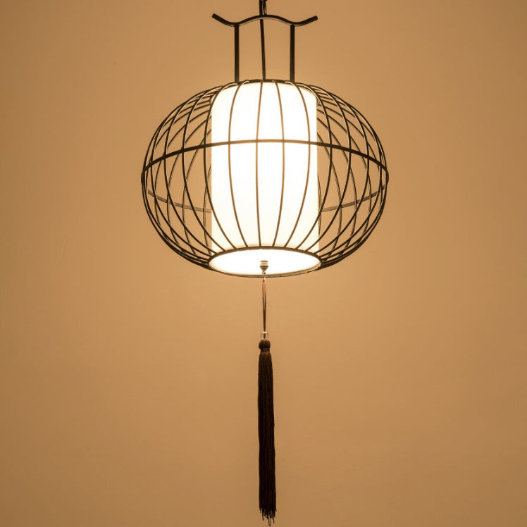 Suspension Luminaire Traditionnel Vintage en Forme de Cage à Oiseaux Ronde Ovale en Métal et Tissu à 1 Lumière pour Salle à Manger 