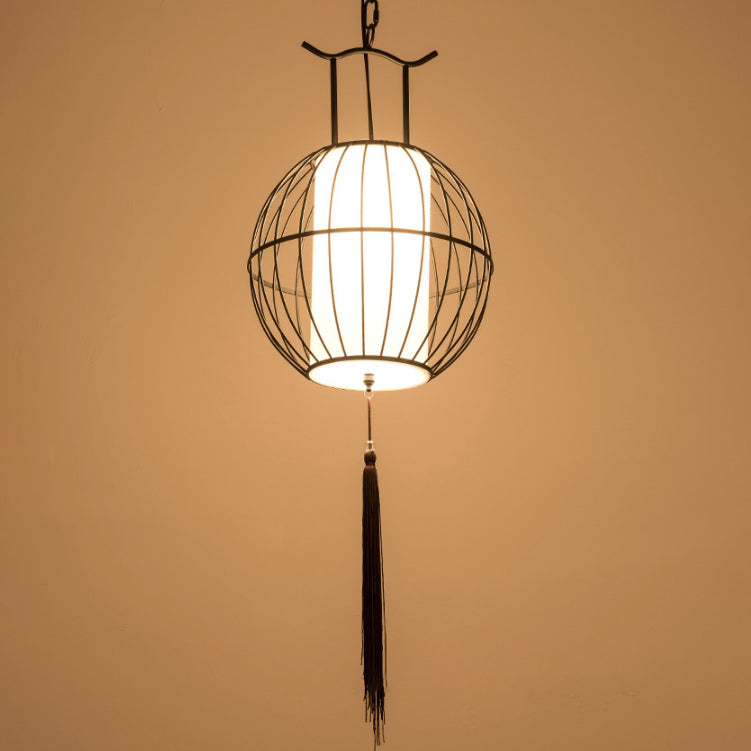 Suspension Luminaire Traditionnel Vintage en Forme de Cage à Oiseaux Ronde Ovale en Métal et Tissu à 1 Lumière pour Salle à Manger 