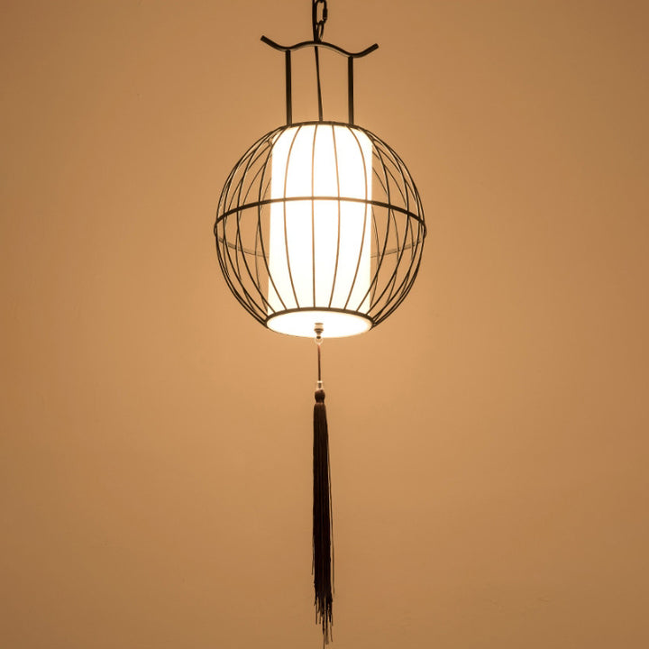 Suspension Luminaire Traditionnel Vintage en Forme de Cage à Oiseaux Ronde Ovale en Métal et Tissu à 1 Lumière pour Salle à Manger 