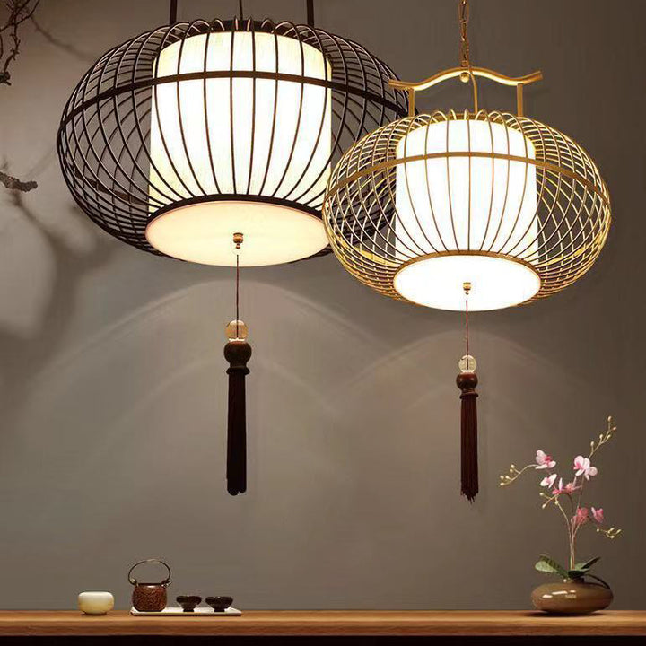 Suspension Luminaire Traditionnel Vintage en Forme de Cage à Oiseaux Ronde Ovale en Métal et Tissu à 1 Lumière pour Salle à Manger 