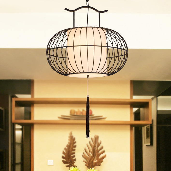 Suspension Luminaire Traditionnel Vintage en Forme de Cage à Oiseaux Ronde Ovale en Métal et Tissu à 1 Lumière pour Salle à Manger 