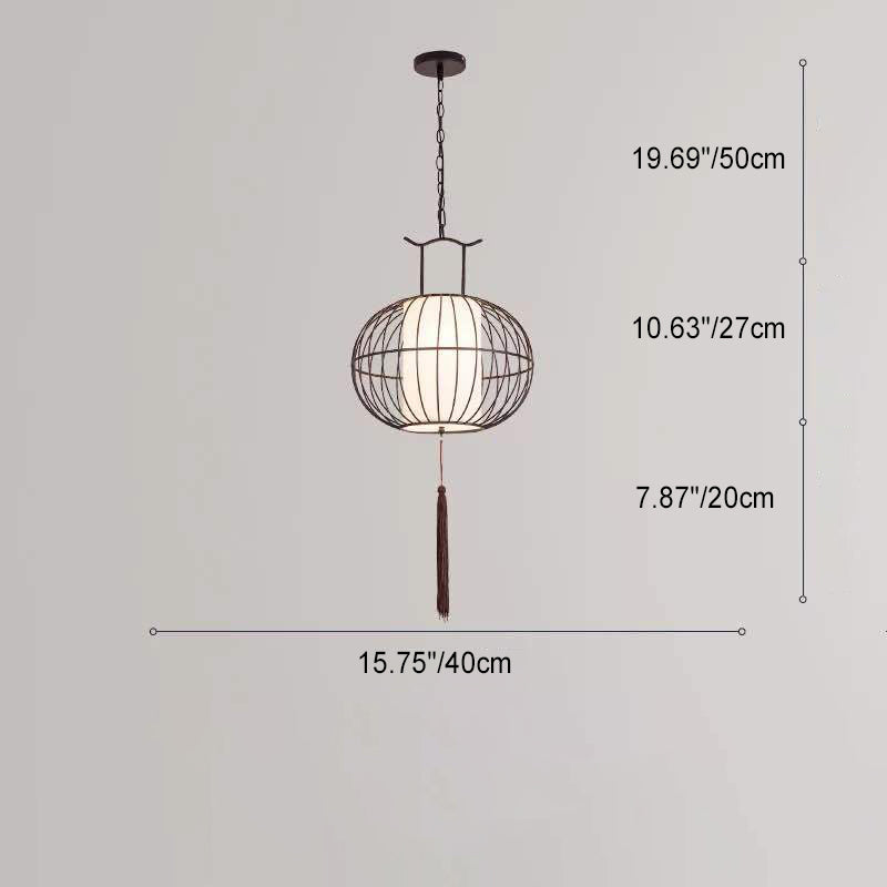 Suspension Luminaire Traditionnel Vintage en Forme de Cage à Oiseaux Ronde Ovale en Métal et Tissu à 1 Lumière pour Salle à Manger 