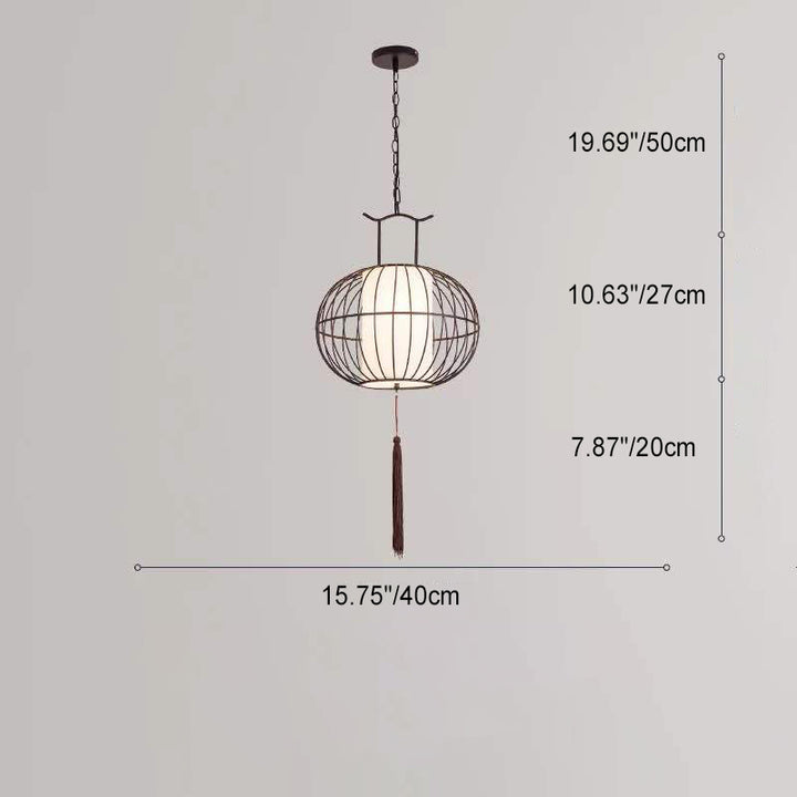 Suspension Luminaire Traditionnel Vintage en Forme de Cage à Oiseaux Ronde Ovale en Métal et Tissu à 1 Lumière pour Salle à Manger 