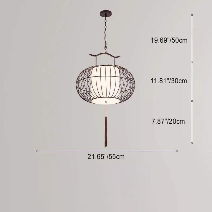 Suspension Luminaire Traditionnel Vintage en Forme de Cage à Oiseaux Ronde Ovale en Métal et Tissu à 1 Lumière pour Salle à Manger 