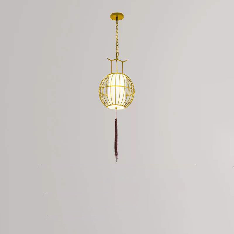 Suspension Luminaire Traditionnel Vintage en Forme de Cage à Oiseaux Ronde Ovale en Métal et Tissu à 1 Lumière pour Salle à Manger 