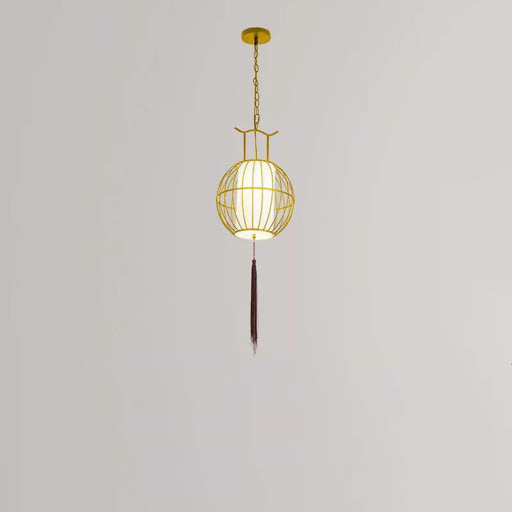 Suspension Luminaire Traditionnel Vintage en Forme de Cage à Oiseaux Ronde Ovale en Métal et Tissu à 1 Lumière pour Salle à Manger 