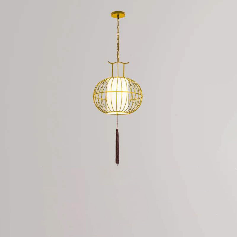 Suspension Luminaire Traditionnel Vintage en Forme de Cage à Oiseaux Ronde Ovale en Métal et Tissu à 1 Lumière pour Salle à Manger 