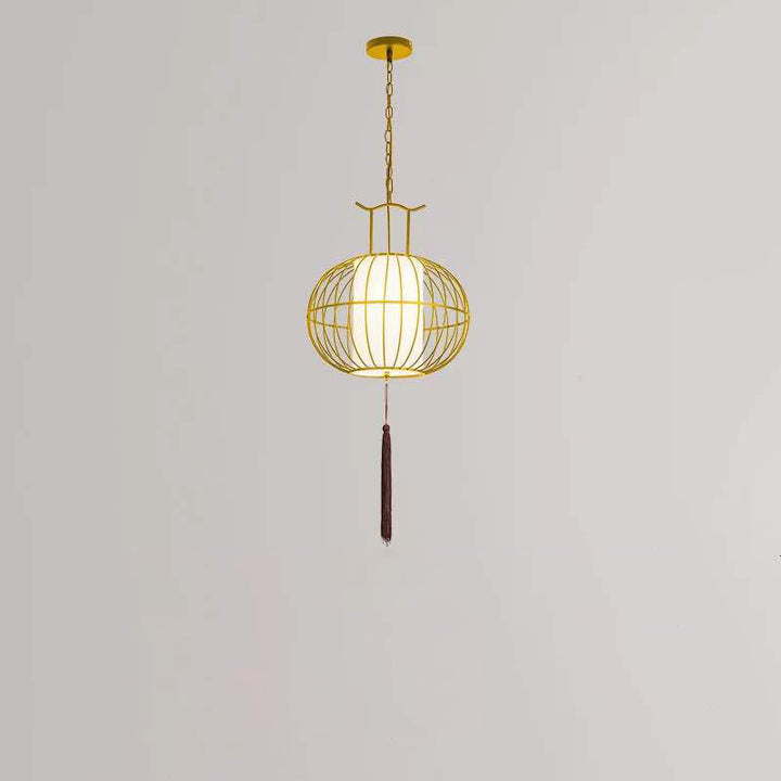 Suspension Luminaire Traditionnel Vintage en Forme de Cage à Oiseaux Ronde Ovale en Métal et Tissu à 1 Lumière pour Salle à Manger 
