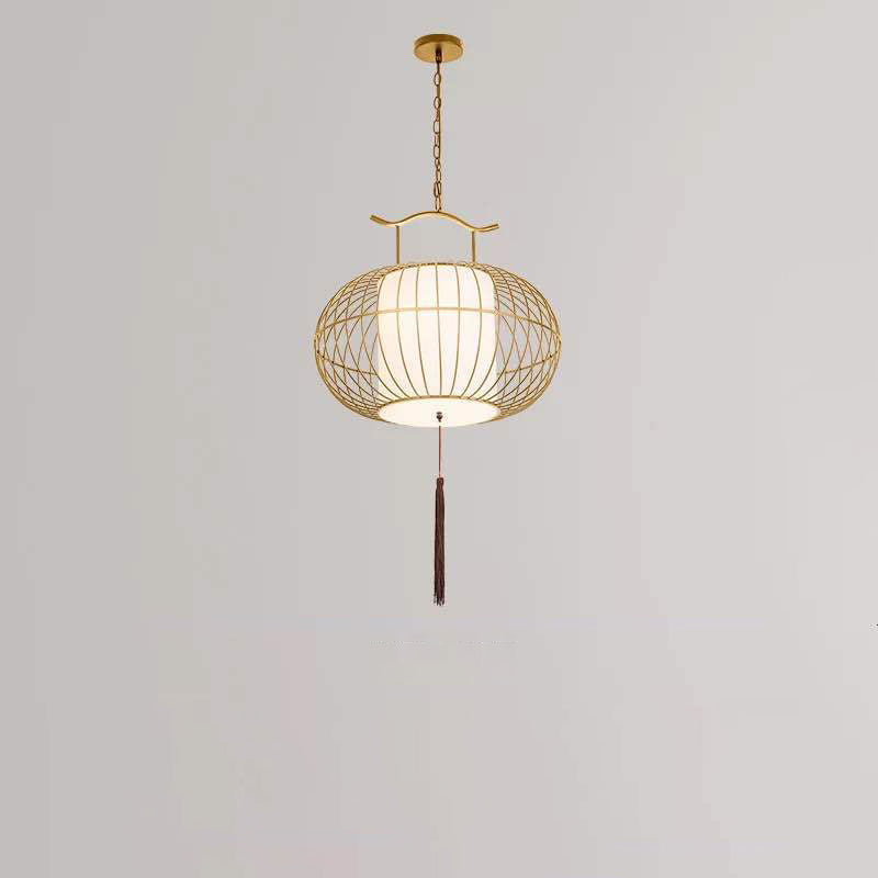 Suspension Luminaire Traditionnel Vintage en Forme de Cage à Oiseaux Ronde Ovale en Métal et Tissu à 1 Lumière pour Salle à Manger 